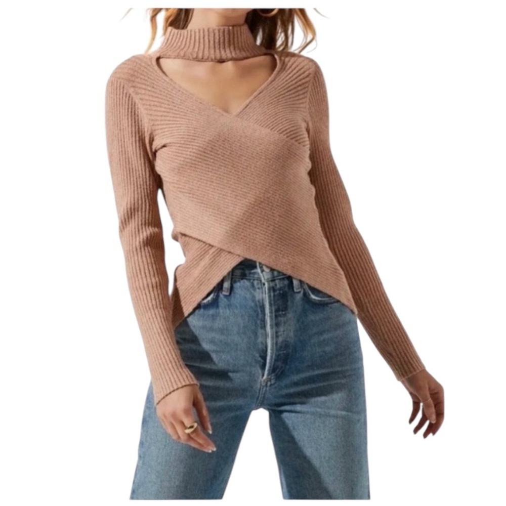 ASTR THE LABEL-  Mock Neck Cross Front Sweater Ribbed Knit Faux Wrap Top NWOT
